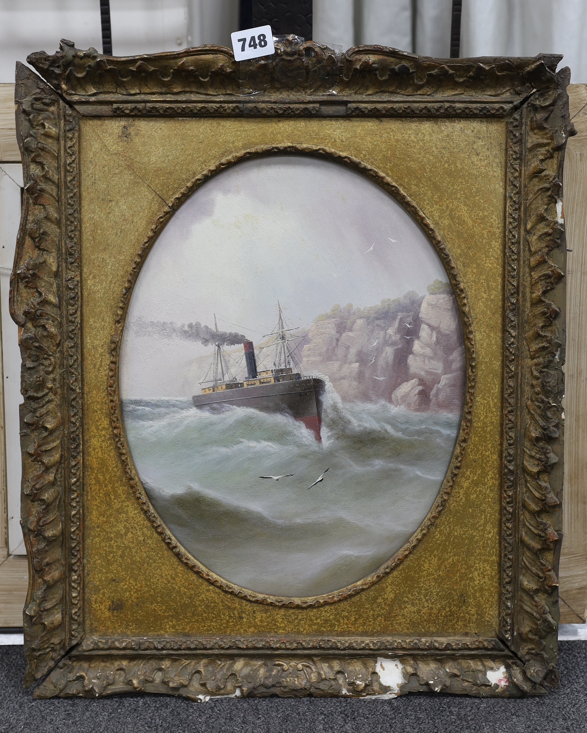 English School c.1900, oil on millboard, Steamship off the coast, oval, 35 x 28cm